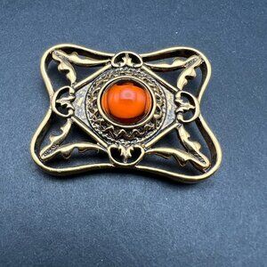 Orange Glass Stone Brooch Open Metal Work Gold Tone Pin‎